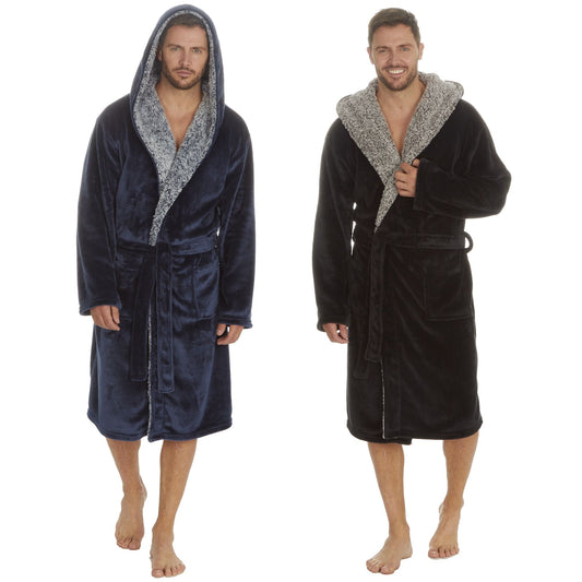 Mens Shimmer Finish Fleece Hooded Gown with Sherpa Trim ~ M-2XL