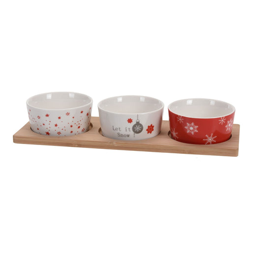 3 Red and White Christmas Bowls on Bamboo Tray