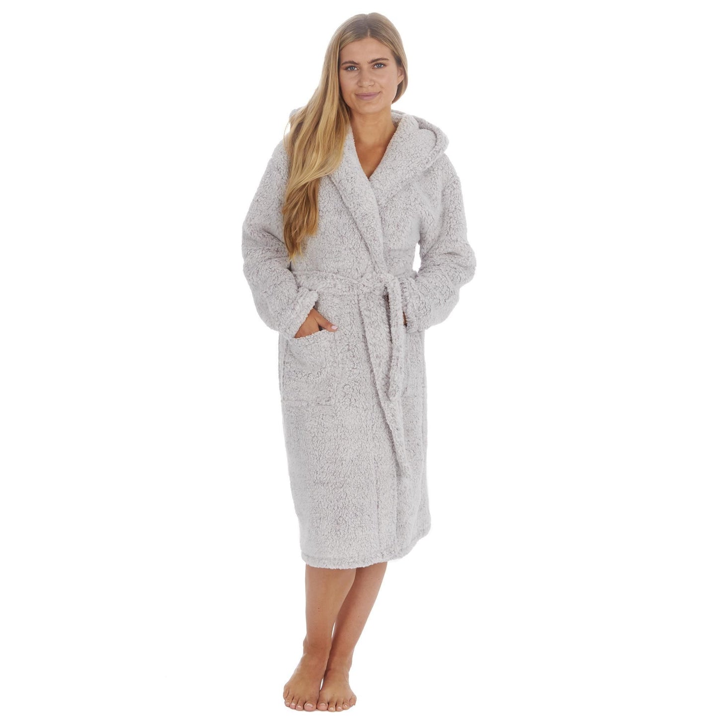 Ladies Plain Borg Fleece Warm Winter Hooded Dressing Gown ~ S-XL