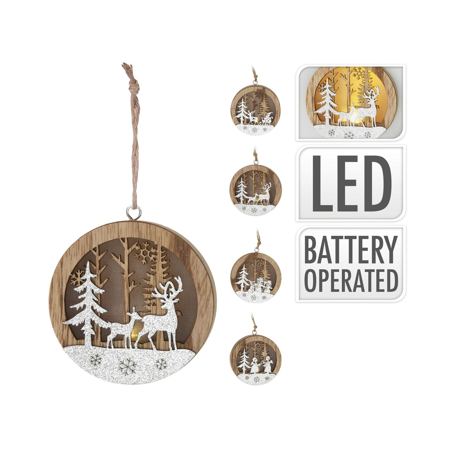 Set of 4 LED Light Up Round Wooden Tree Decorations