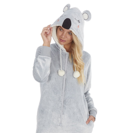 Ladies Frosted Fleece Onezee with Koala Face Hood ~ S-XL