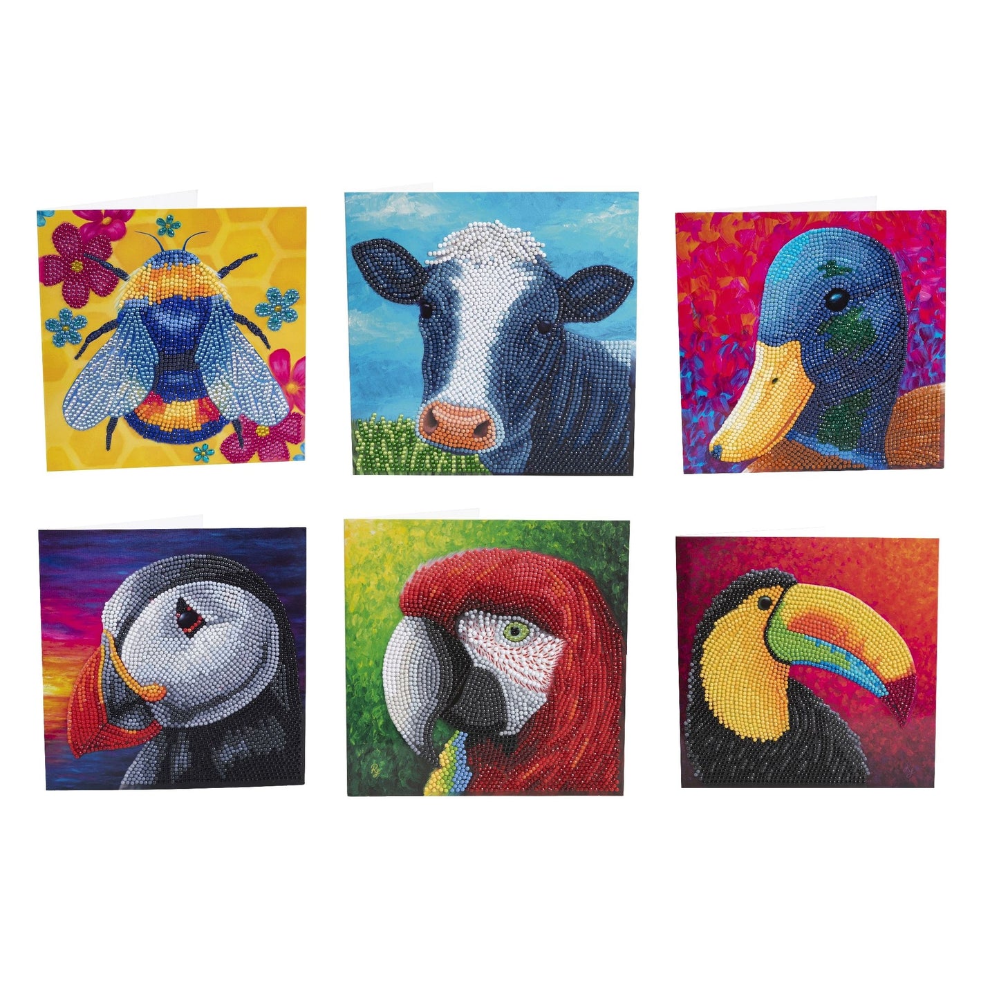 Craft Buddy Boxed Set of 6 Colourful Wildlife 18x18cm Crystal Art / Diamond Painting Greeting Cards