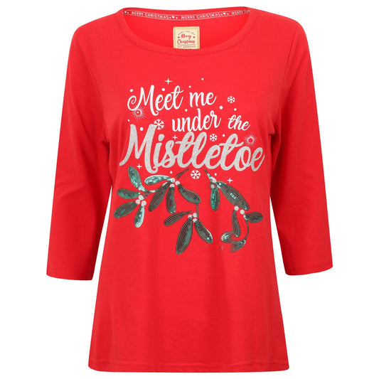 Ladies Long Length Mistletoe Christmas T Shirt