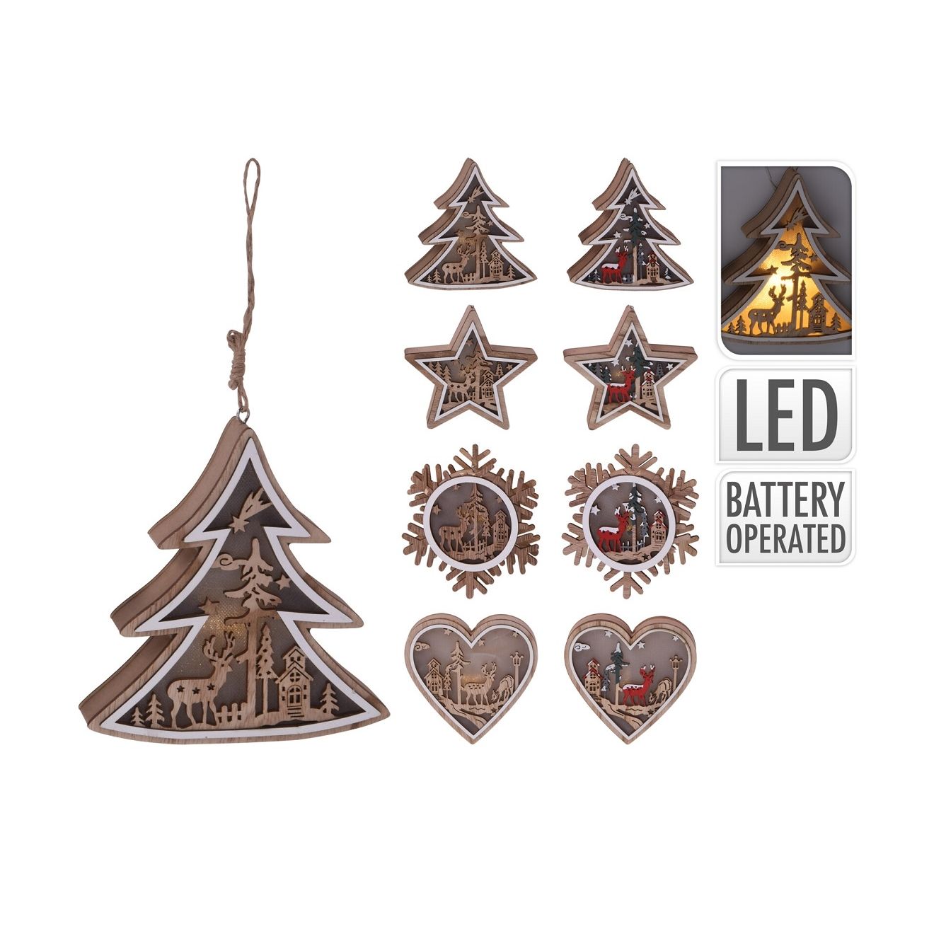 Set of 4 Wooden LED Christmas Tree Decorations
