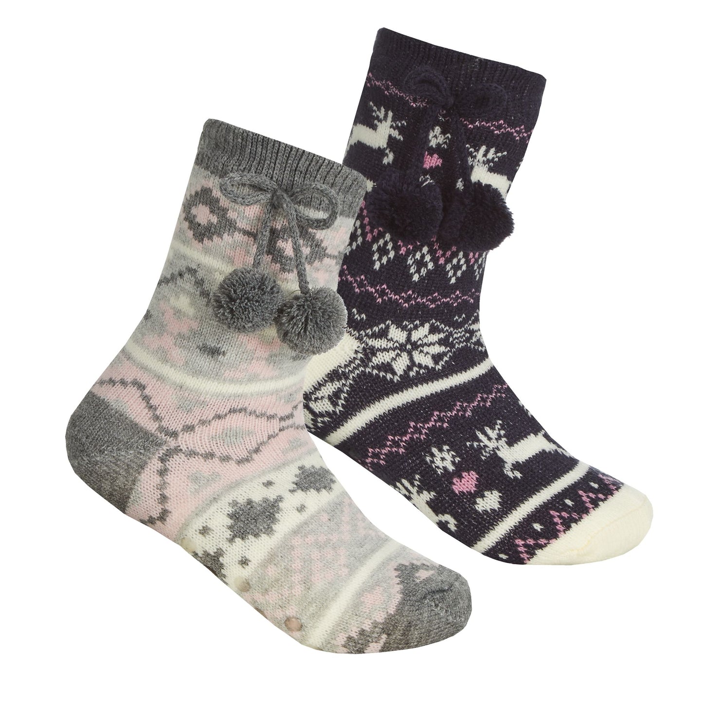 Girls 2 Pairs of Fairisle Slipper Socks With Full Soft Sherpa Fleece Lining