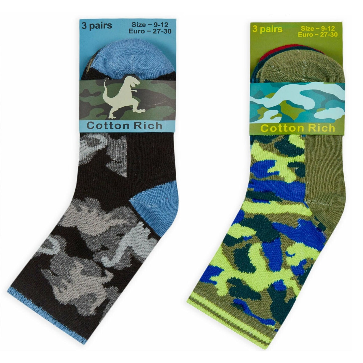 Childrens 6 Pairs Dinosaur and Camo Cotton Rich Socks