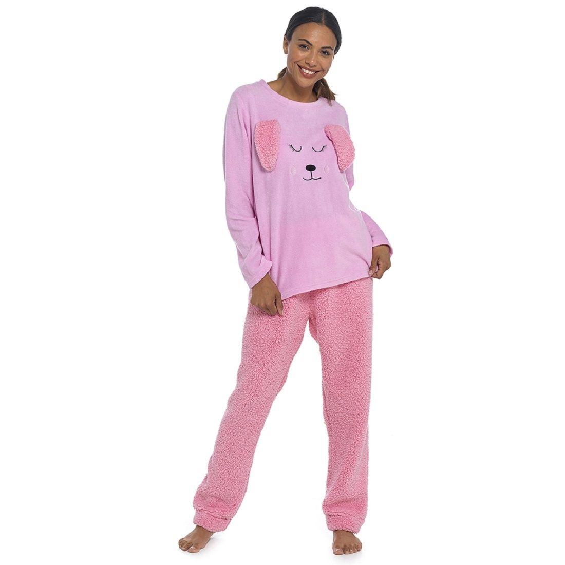 Ladies Pink Rabbit Fleece Pyjama Set with Sherpa Fleece Bottoms
